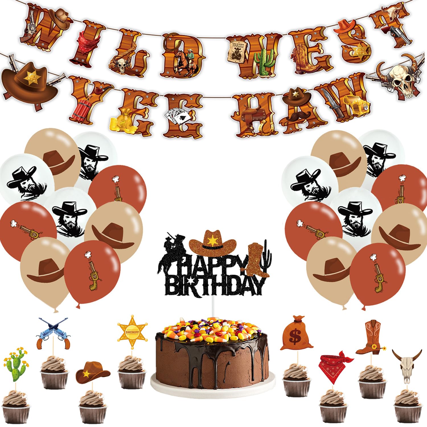 Déco Anniversaire Thème Cowboy Western - Bannière, Ballons, Cake Topper - Set Complet Fête Enfant