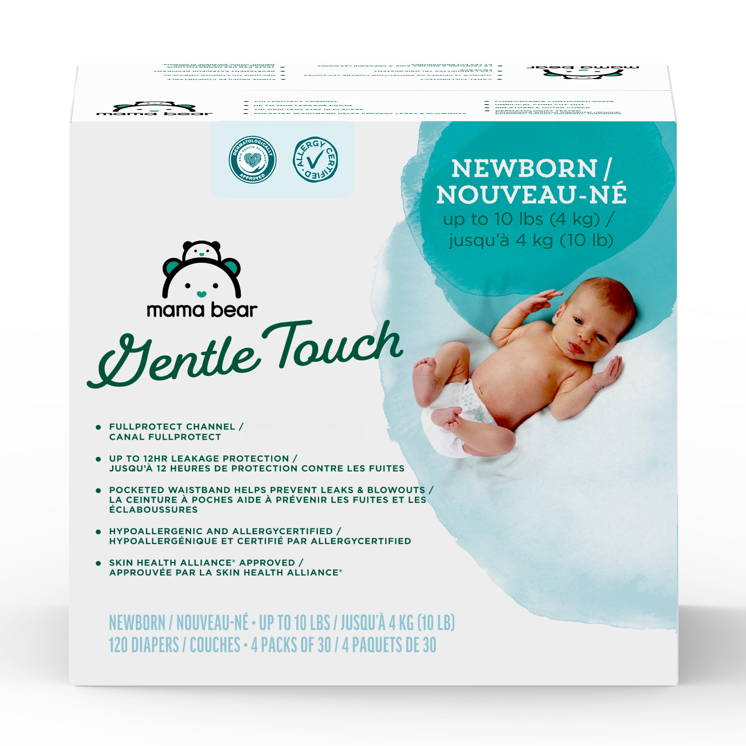 Amazon Brand - Mama Bear Gentle Touch Diapers, Hypoallergenic with Leak Protection, Size Newborn, 120 Count (4 packs of 30)
