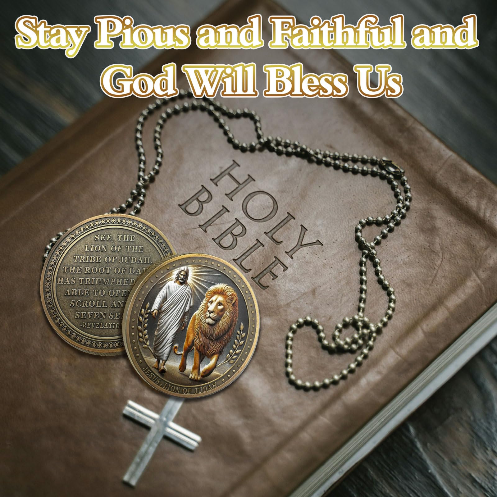 Jesus and Loin Christian Challenge Coin, Revelation 5:5 Bible Verses Coin – Bronze Christian Prayer Pocket Token – Religious Gifts for Men Women