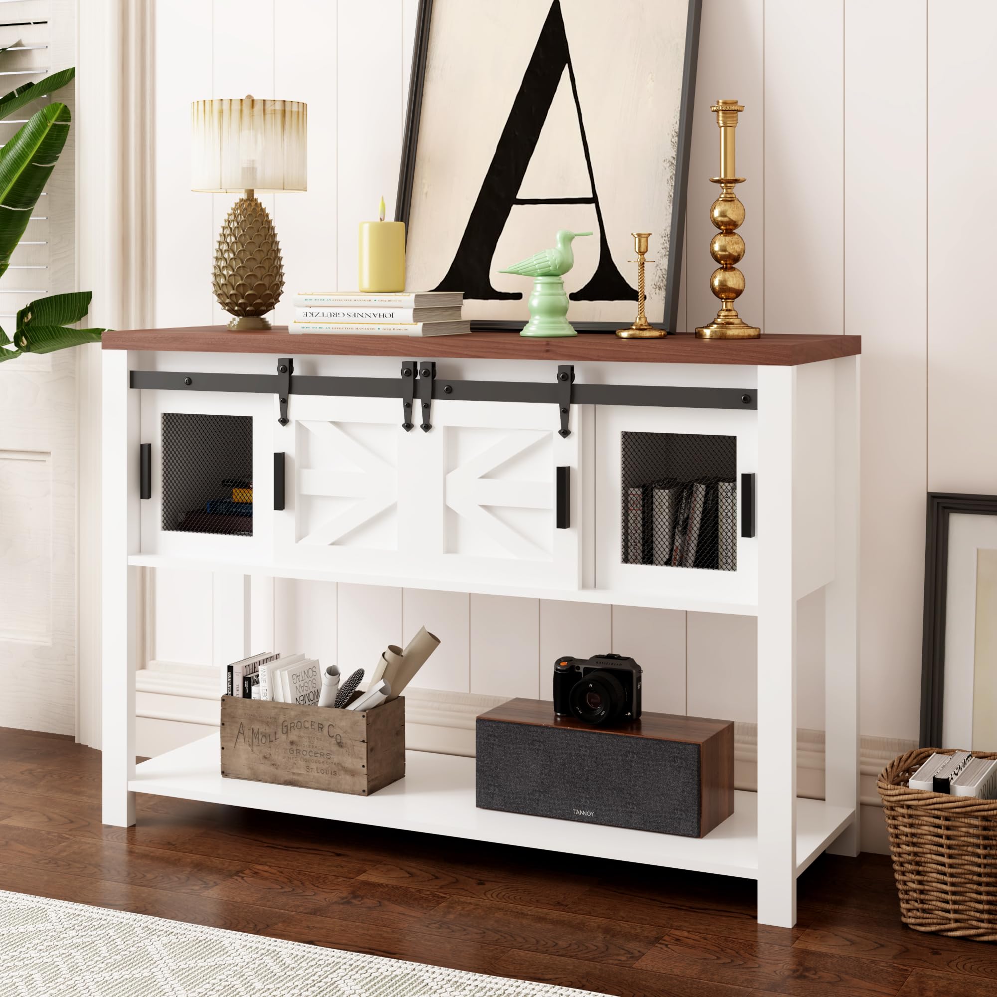 Mesa de entrada con puertas correderas de granero, aparador de almacenamiento de buffet con almacenamiento, mesa consola rústica industrial y rústica con estante para cocina, comedor, sala de estar,