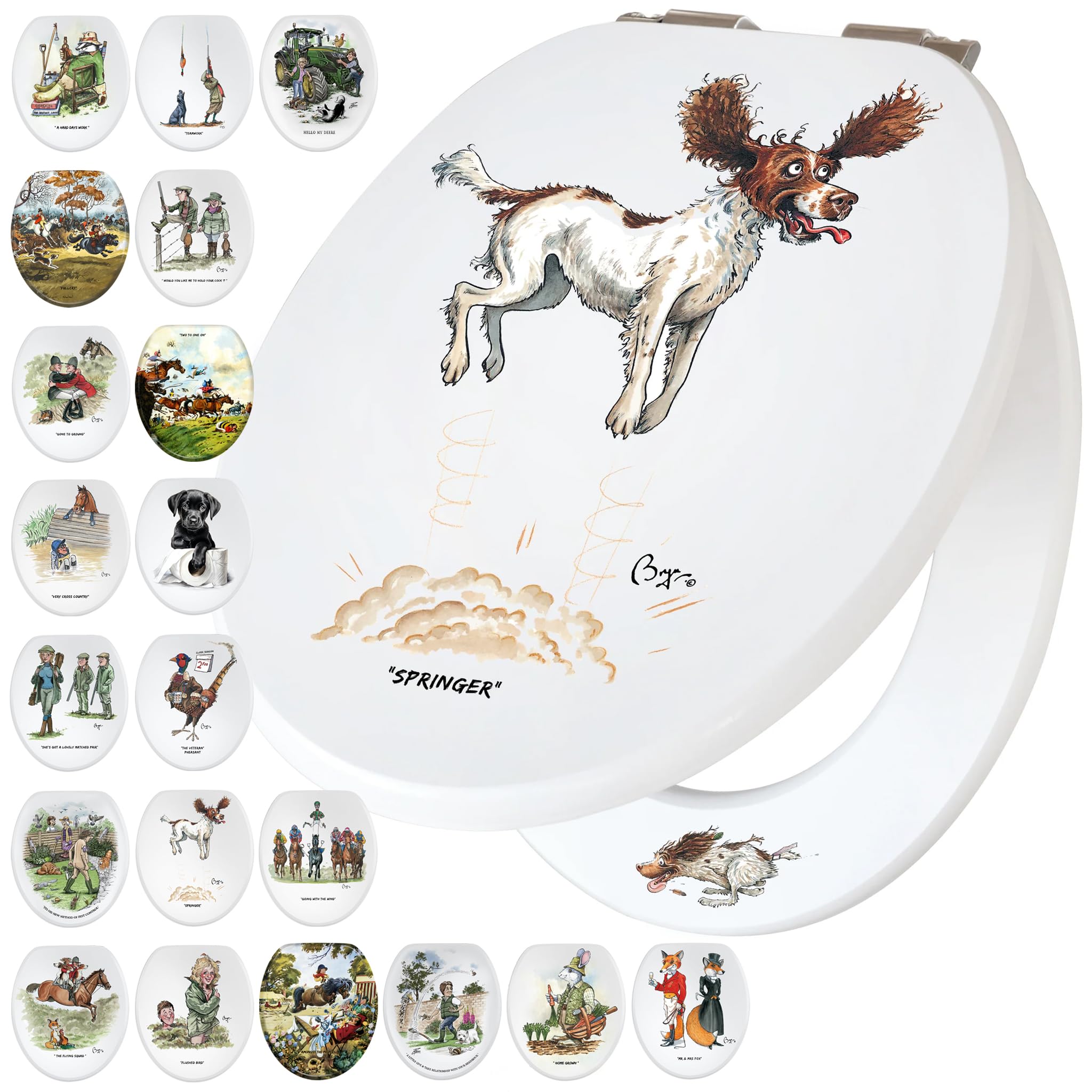 Fun Novelty Toilet Seat Soft Close, Easy Fit, Printed On 3 Surfaces with Bryn Parry Humorous Springer Spaniel Art. A Delightful Country Home Decor Gift Idea for Springer Spaniel & Gun Dog Owners.