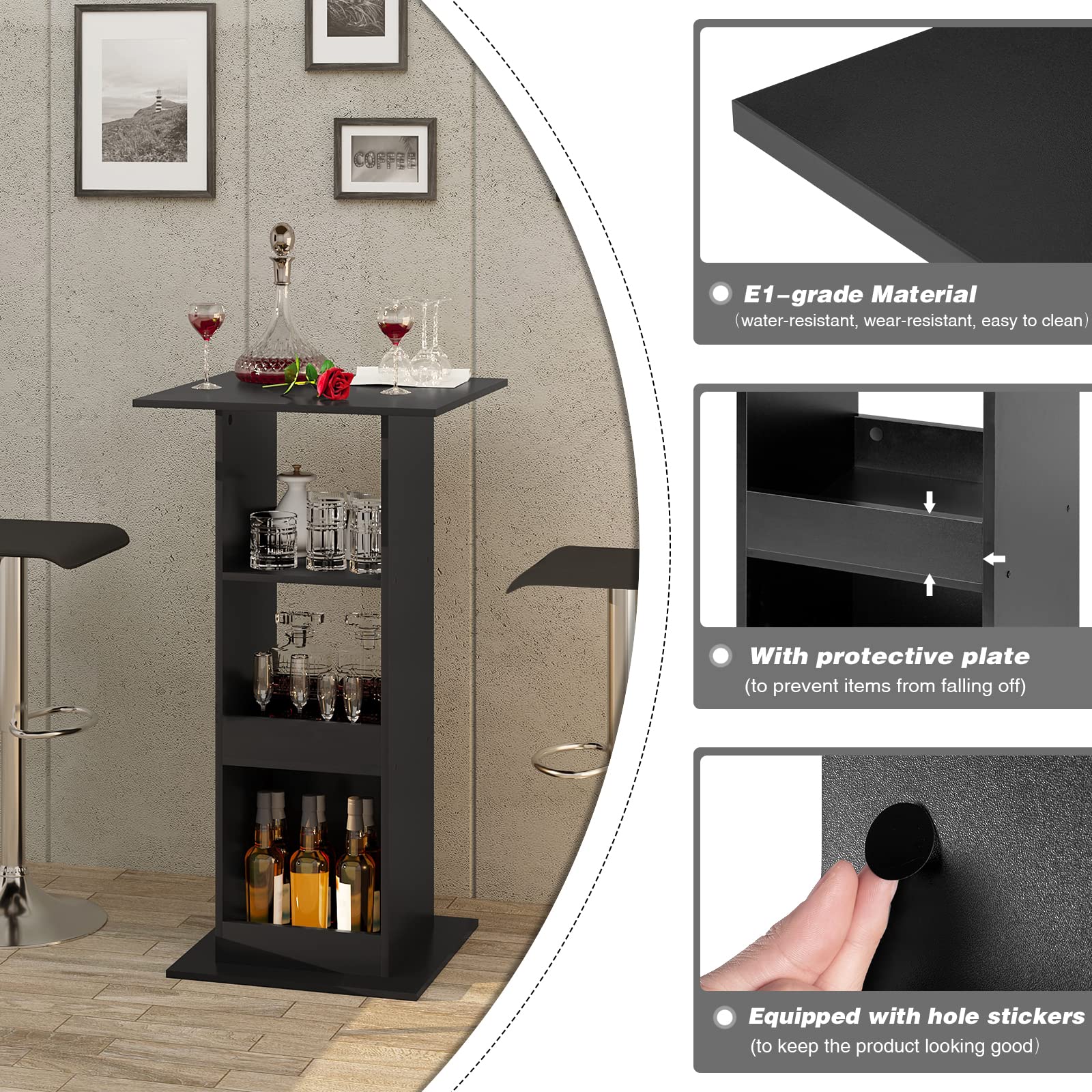 WOLTU Table de Bar Carrée avec 3 Étagères, Petite Table d'Appoint pour Salle à Manger, Cuisine, Salon, en Panneau de Bois d'Ingénerie, Noir, 60x60x109cm