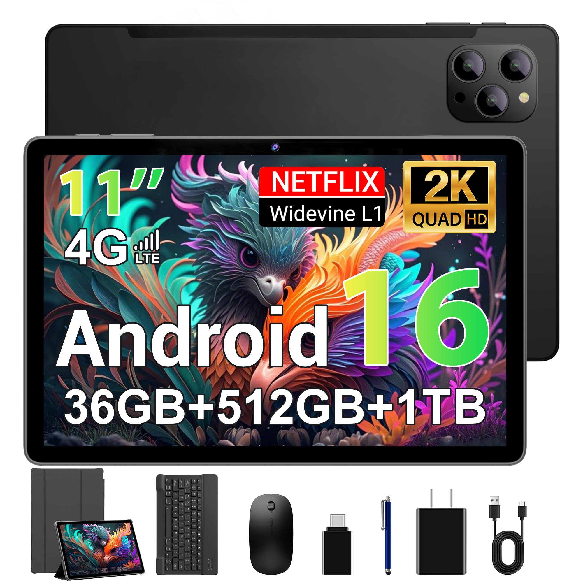 Tablet 11 Pulgadas Android 16 Tableta Gaming con 4G Doble SIM y 5G WiFi,Octa-Core,36 GB RAM+512 GB ROM (1TB TF), 2K incell120Hz,8000mAh,13MP+8MP,Tablets con Teclado,Negro