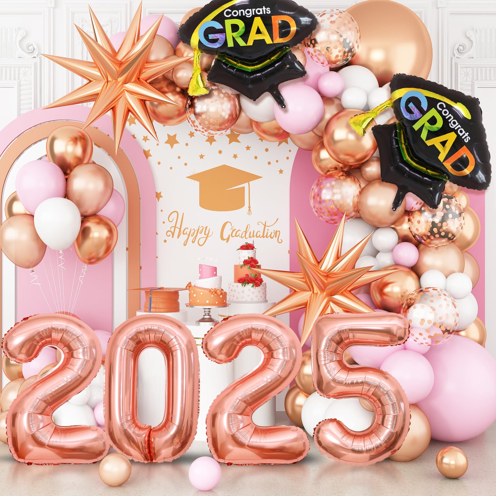 Graduation Balloons Garland Arch Kit, Graduation Balloons Class of 2025, Rose Gold and Pastel Pink White Balloon with Foil Balloon for Class of 2025