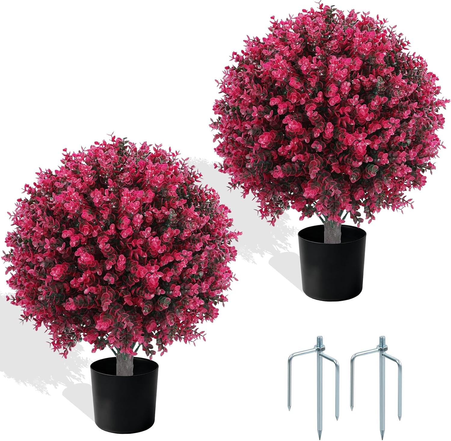 2 Pack Artificial Red Eucalyptus Boxwood Topiary Ball Trees, 27.5" UV Resistant Faux Flower Topiary Shrubs with Pots & Metal Ground Spikes, Fake Bushes for Indoor Outdoor Front Porch Garden Decor