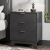 Xixini Fluted Nightstand 24" Wide Mid-Century Modern Side Table, 3 Large Drawers, Black Wood Bedside Storage for Bedroom