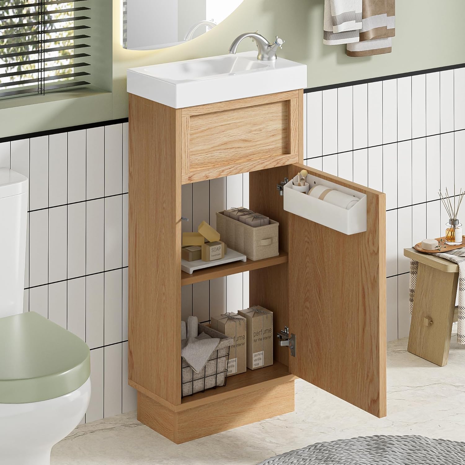 LUMISOL 16" Small Bathroom Vanity with Sink, Narrow Depth Bathroom Vanity with Adjustable Shelf & Storage Rack, Wooden Bathroom Cabinet with Reversible Door and Sink, Natural