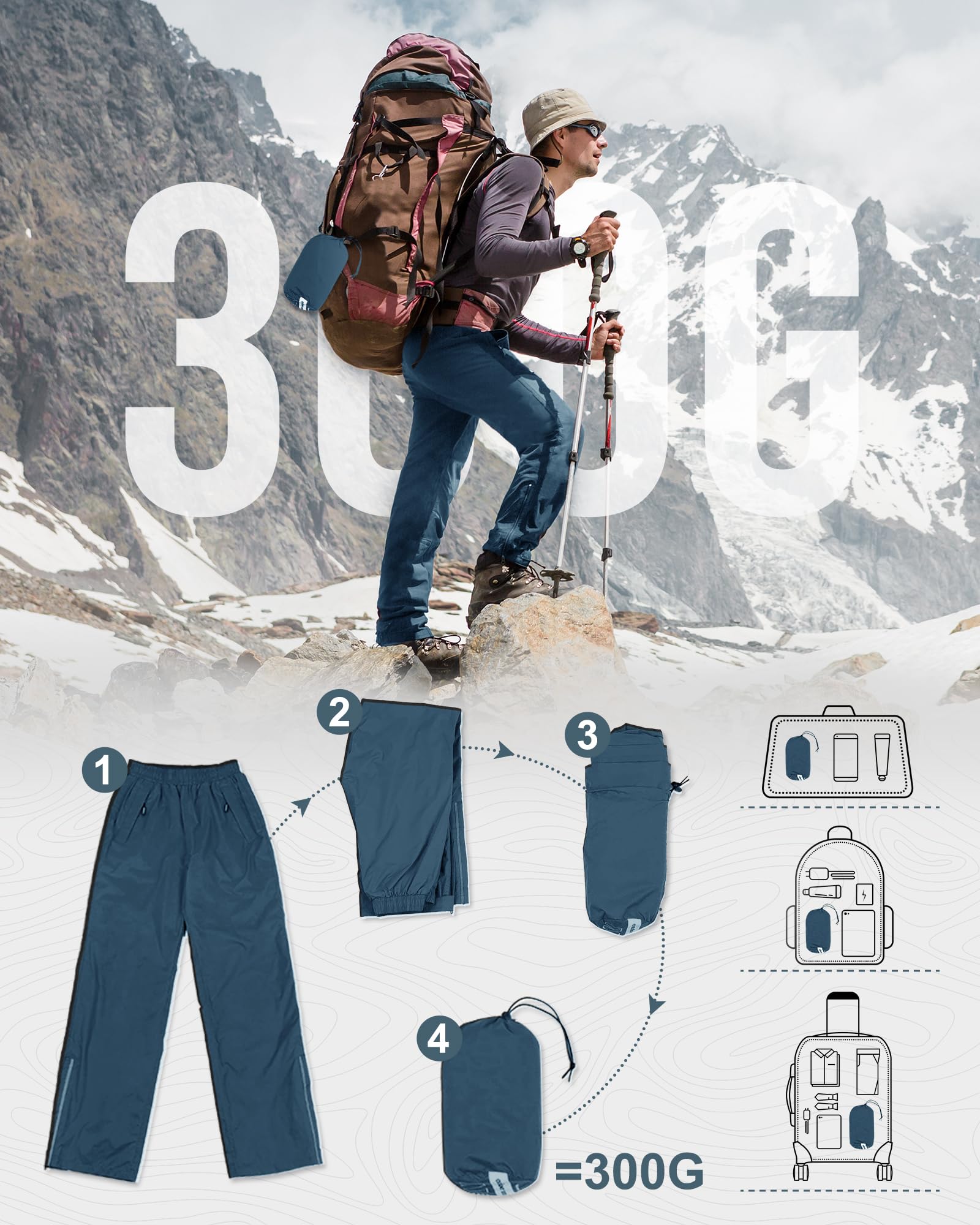 Outdoor Ventures Pantalon de pluie imperméable pour homme - Coupe-vent - Pliable - Pour la randonnée, le golf fishig
