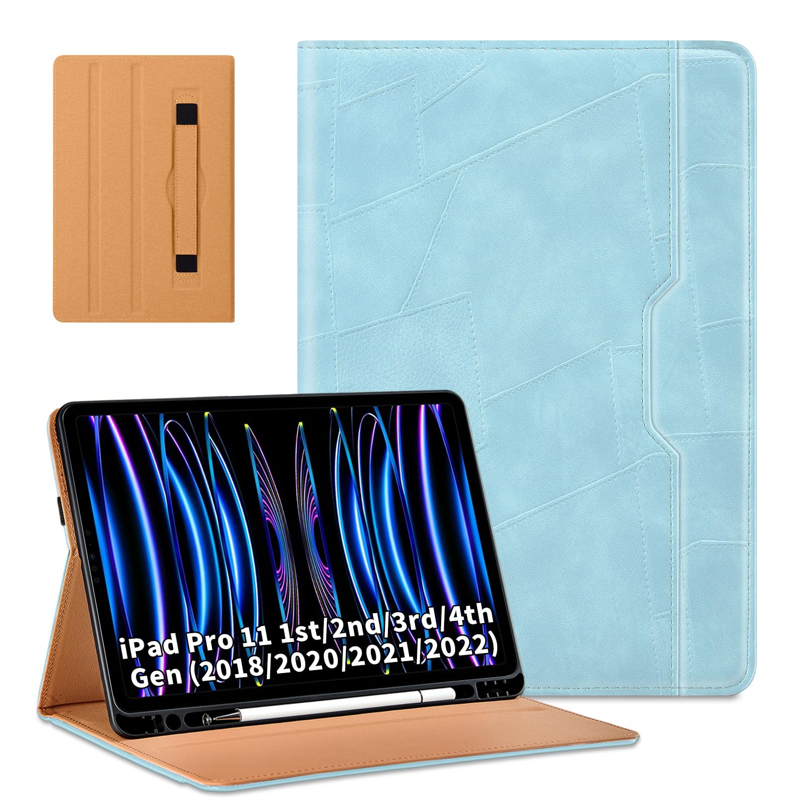 ONETHEFUl Hülle für iPad Pro 11" 4/3/2/1(2022-2018) 11" Blau | Business-Tablet-Cover aus PU-Leder mit Fronttasche, Handgriff und Zwei verstellbaren Ständerpositionen