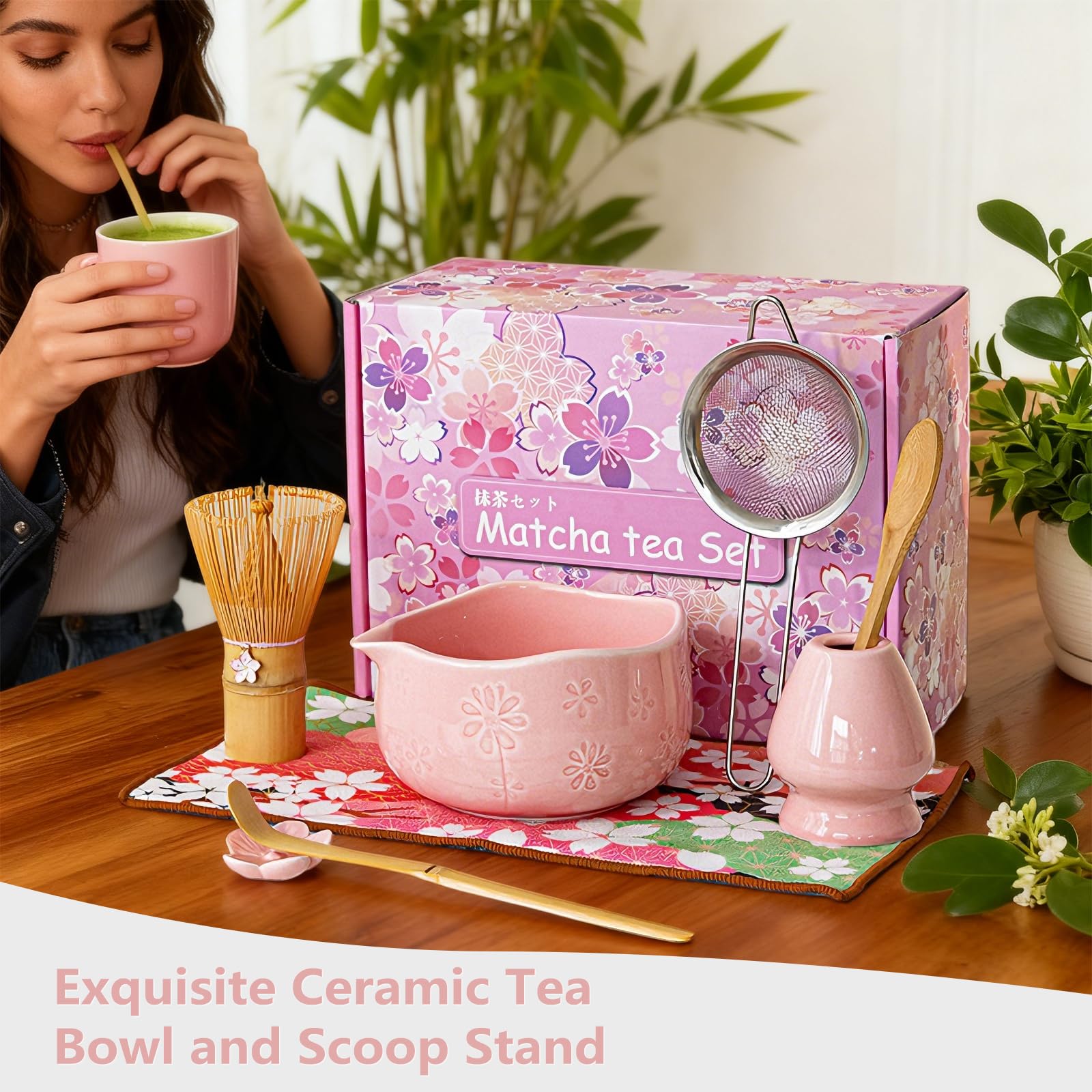 Matcha Set di 8 pezzi Macha Tea con scopa, filtro filtro, ciotola, cucchiaio, tappetino per asciugamano da tè, set regalo per la preparazione tradizionale matcha (verde) (rosa)