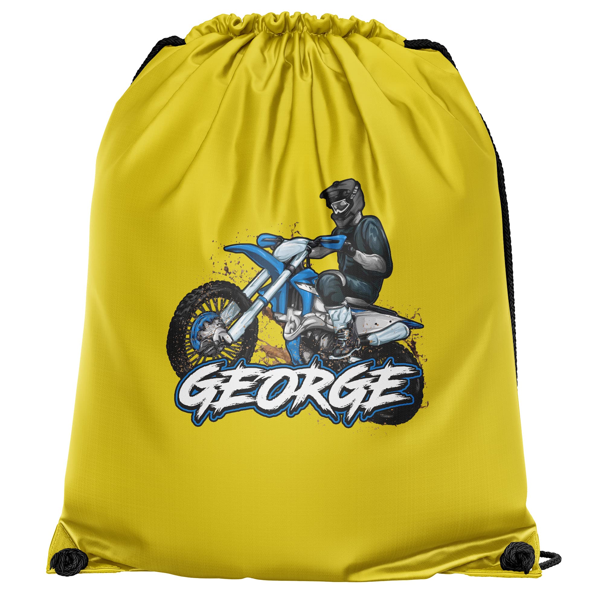 Personalised Dirt Bike Drawstring Bag, Custom Back to School and Nursery Gifts for Boys, Ideal Bag for Boys Who Love Motorbikes, Essential Kids PE Kit Swimming Bag, One Size, Yellow