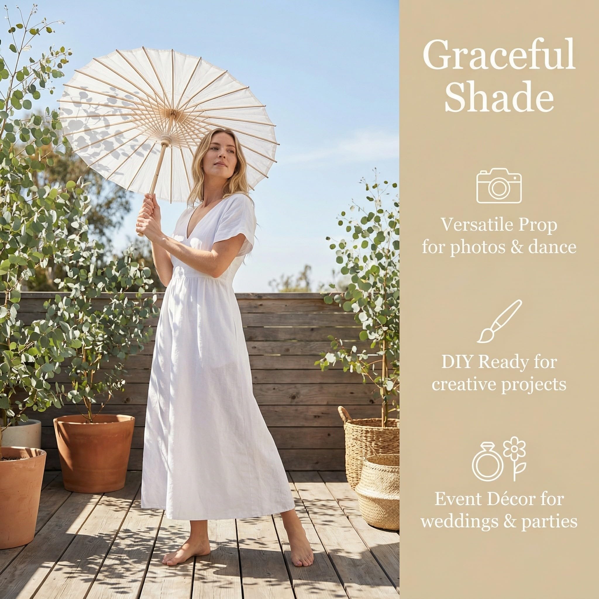 5 Stück Zoll Weißer Bambus Papierschirm für Hochzeit und Fotografie | Öffnende Form, Blanke Oberfläche, Leicht Tragbar, für Kunst Events und Selbstgemacht Projekte