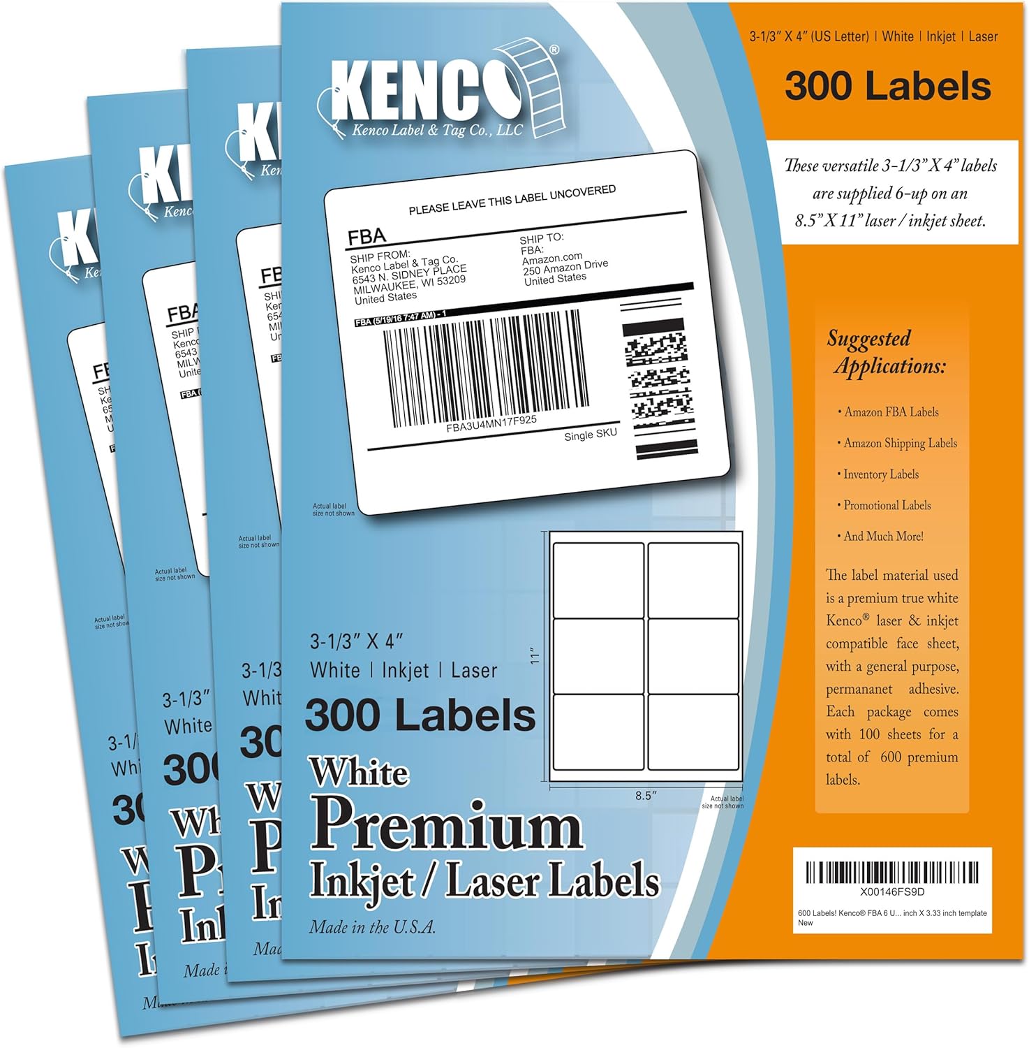 Kenco Premium White Address Shipping UPC Laser/Inkjet Labels Made in The USA (4" X 3.33" 150000 Labels)