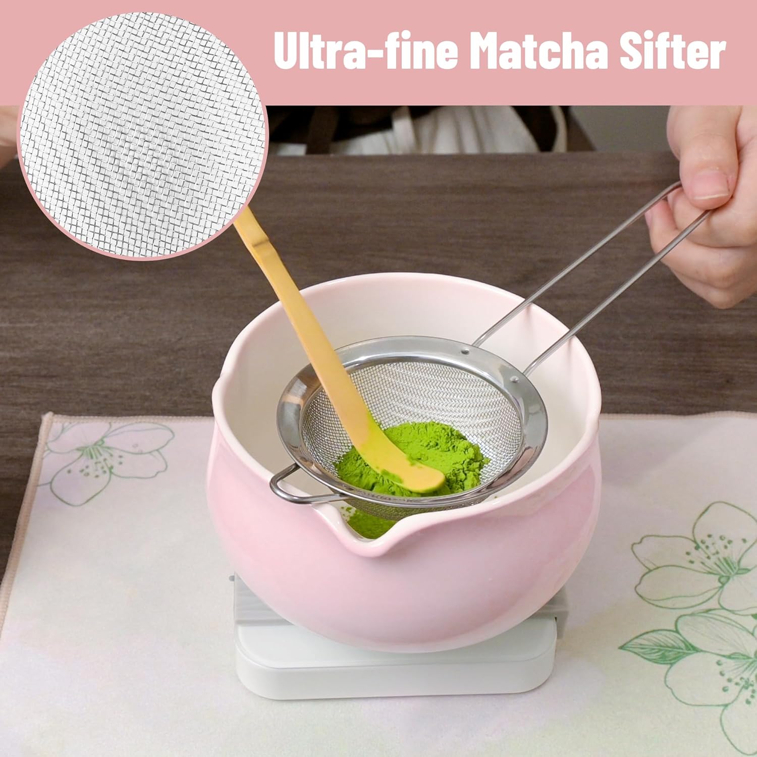 Matcha Whisk Set - 8 Pieces Japanese Matcha Set with Floral Ceramic Bowl, Includes Bamboo Whisk, Scoop, Sifter & Towel, Matcha Kit for Traditional Tea Making (Ombre Pink)