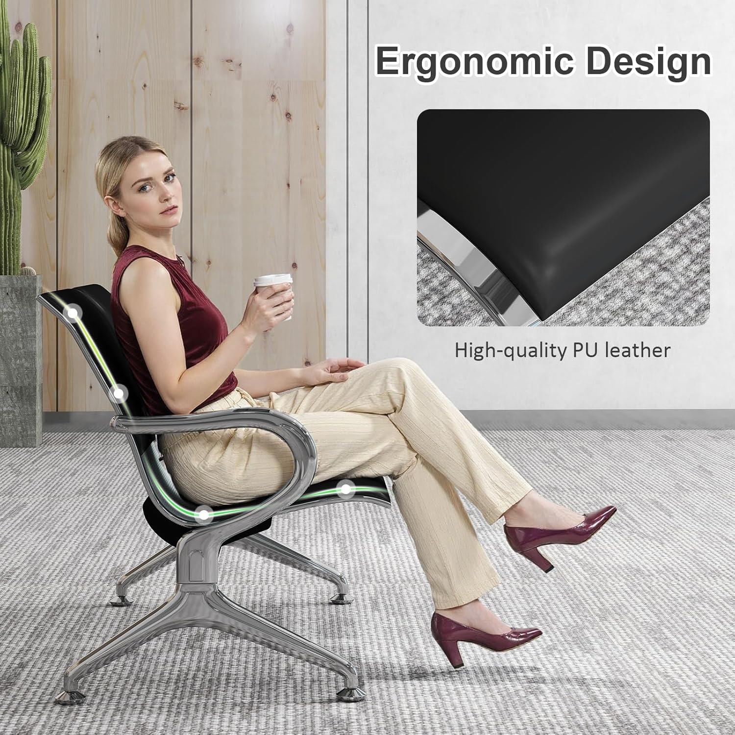 5-Seat Comfortable Reception Chairs, Waiting Room Bench with Metal Frame, PU Leather Lobby Reception Chairs with Armrests for Bank, Office, Airport & Business