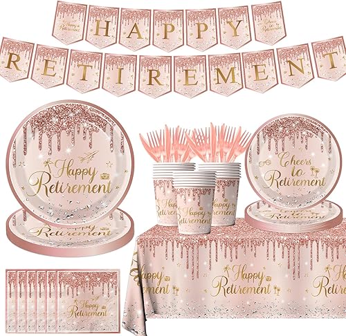 142 piezas de decoraciones de fiesta de jubilación de oro rosa para mujeres, platos desechables de feliz jubilación, servilletas, vasos, mantel, disponible en Yaxa Colombia