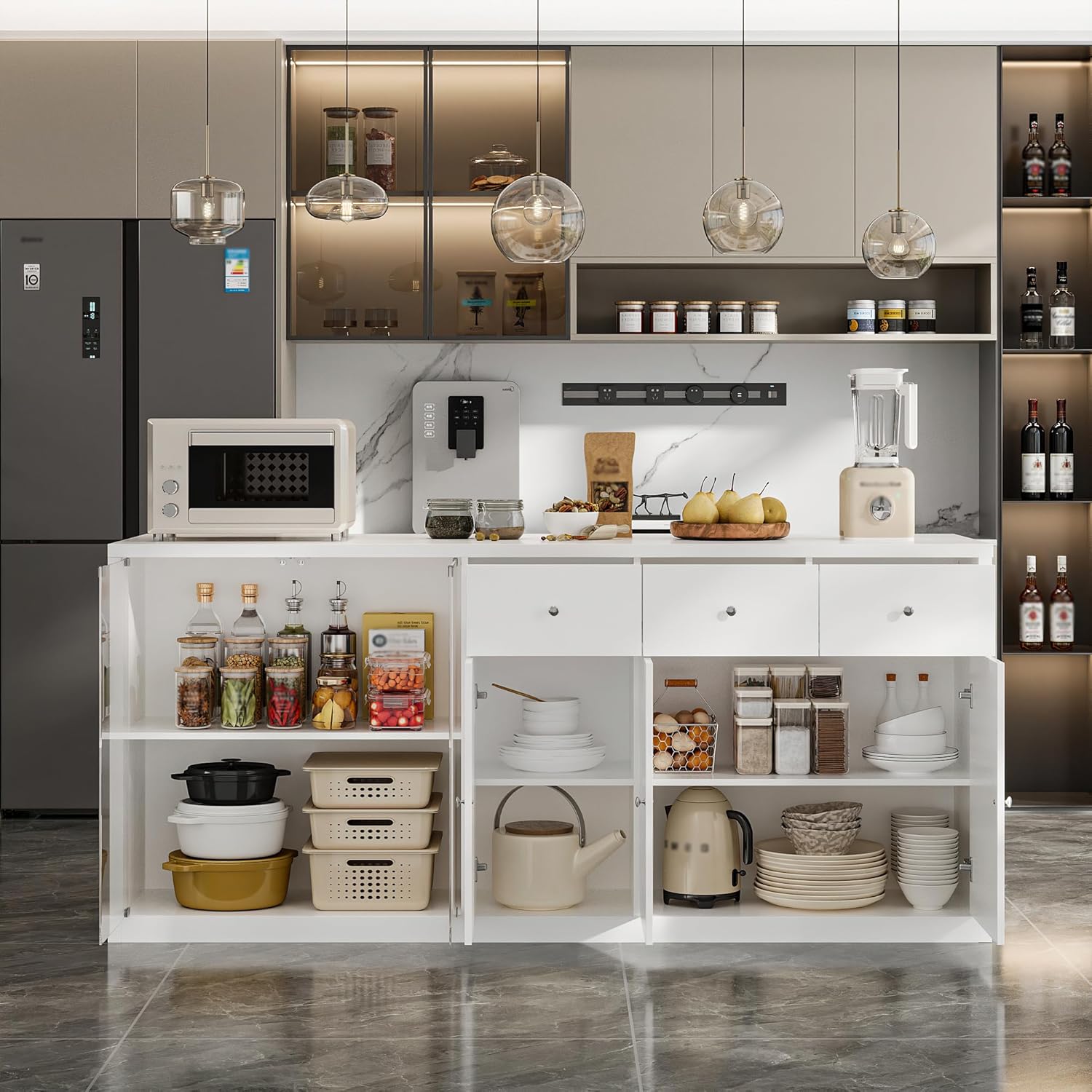 AIEGLE White Kitchen Island with 3 Drawers, Large Kitchen Island with Glass Doors & Storage Compartments, 78.7" W Stationary Storage Islands with Seating Space for Dining Room