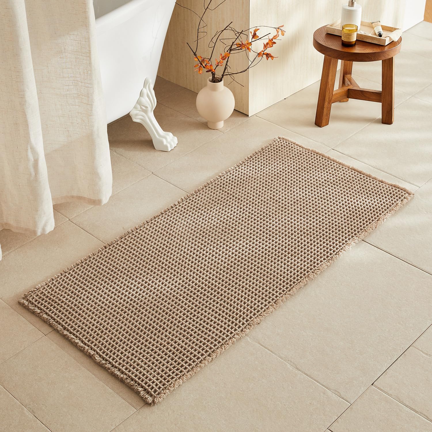 TYUU Waffle Bath Mat, Boho Bathroom Rugs Non Slip, 48x24 Beige