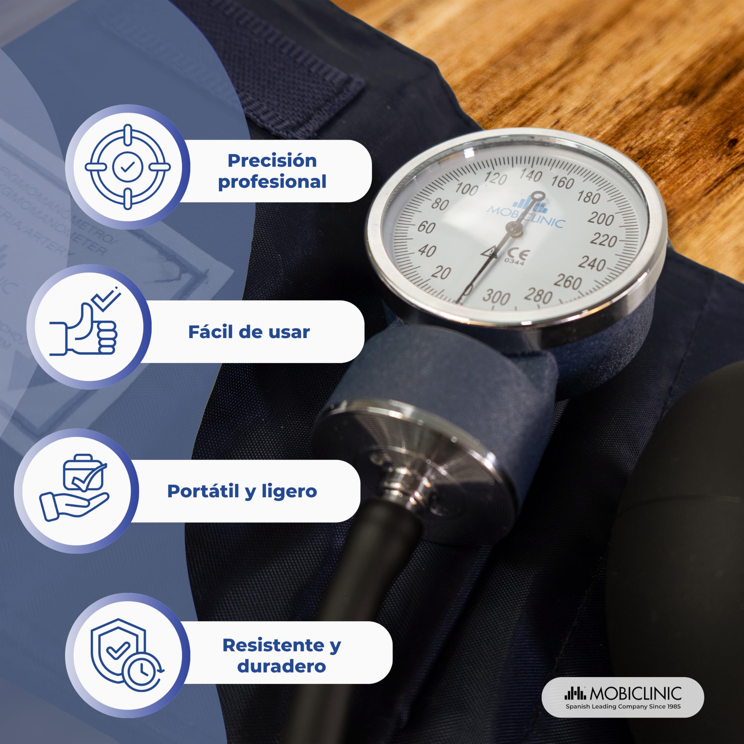Mobiclinic, Tensiómetro de brazo, Doble salida, Incluye estuche, Medidor tensión aneroide, Medición presión arterial, Marca española, Precisión, Bomba goma, Ligero, Fácil usar, Azul