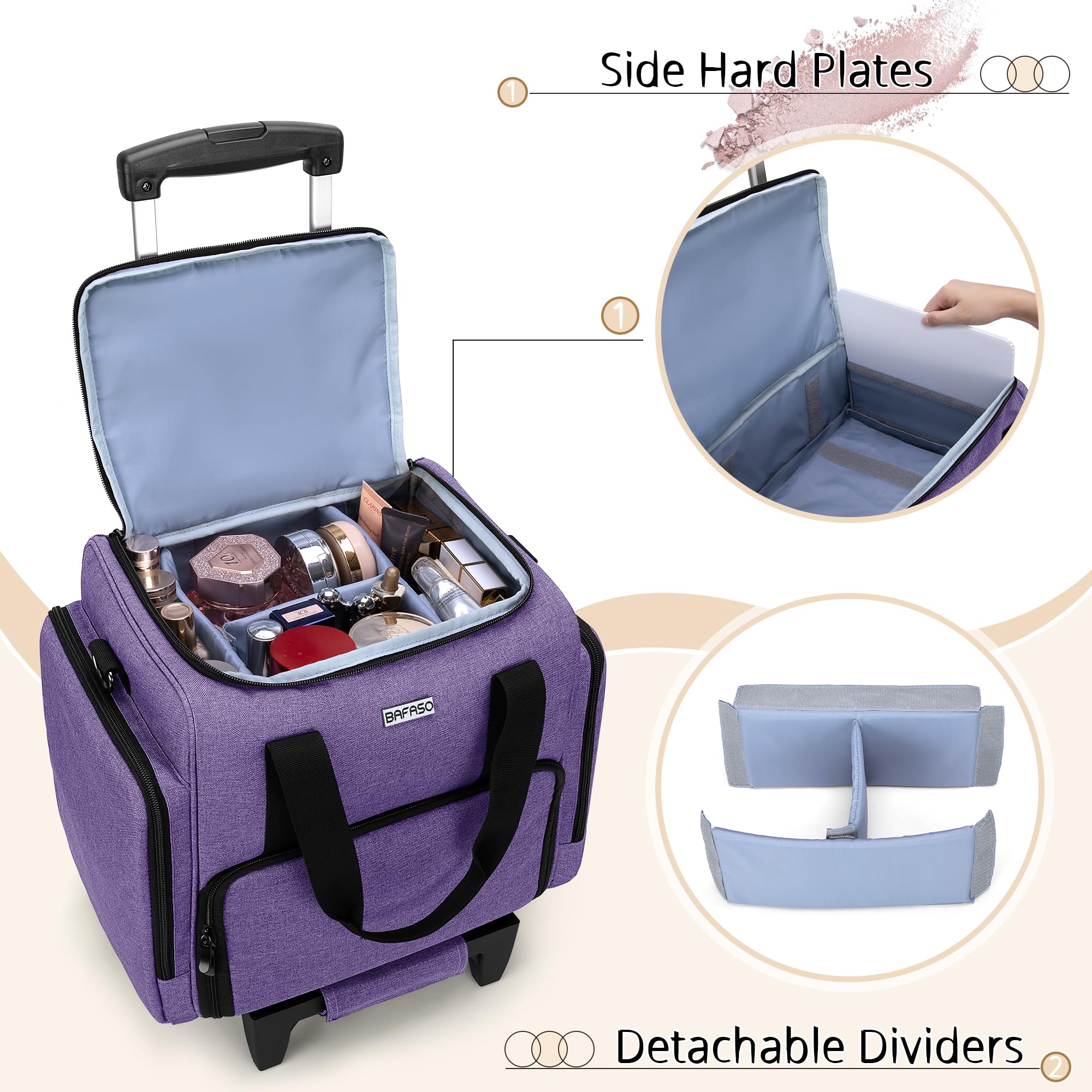 BAFASO Kosmetikkoffer Trolley, Make up Koffer Groß, Schminkkoffer Damen mit Rollen, Abnehmbar Kosmetikkoffer Trolley für Make up, Lila
