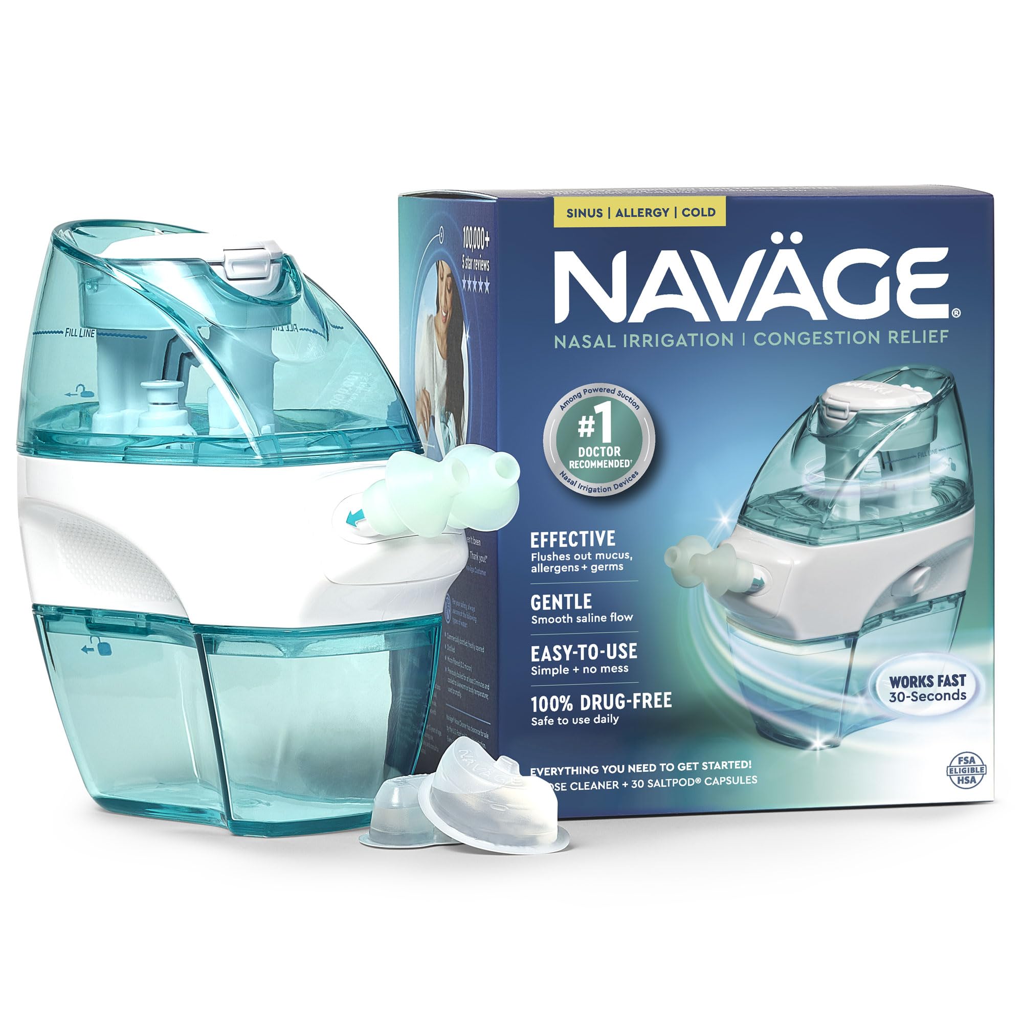 Navage Starter Bundle – Nasal Irrigation System - Saline Nasal Rinse Kit with 1 Nose Cleaner and 30 SaltPods for Congestion Relief ($109 Value). Sinus Rinse for Clinically Proven Benefits