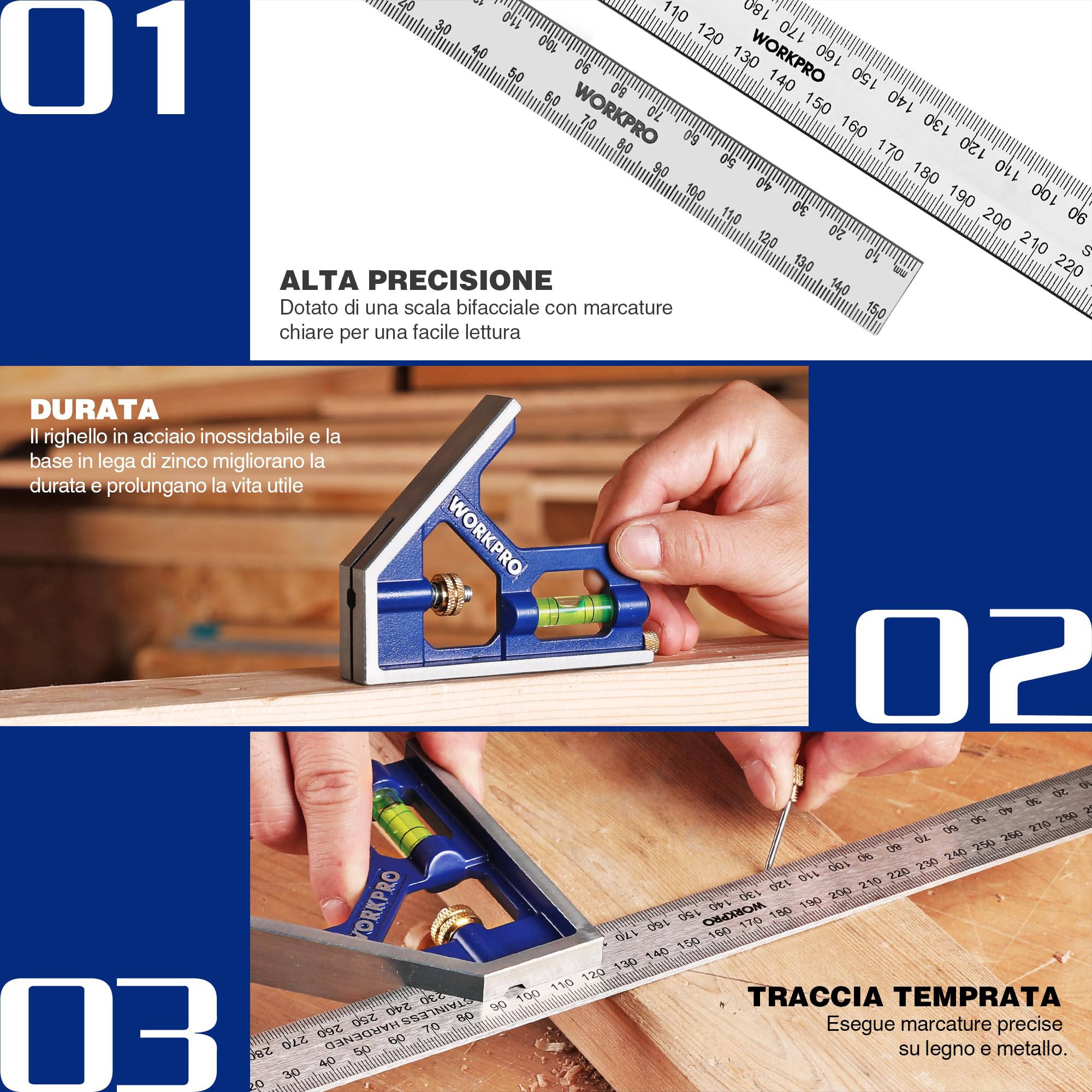 WORKPRO Set di Squadra Combinata Regolabile 150+300mm, Righello Angolo Acciaio Inossidabile con Bolla