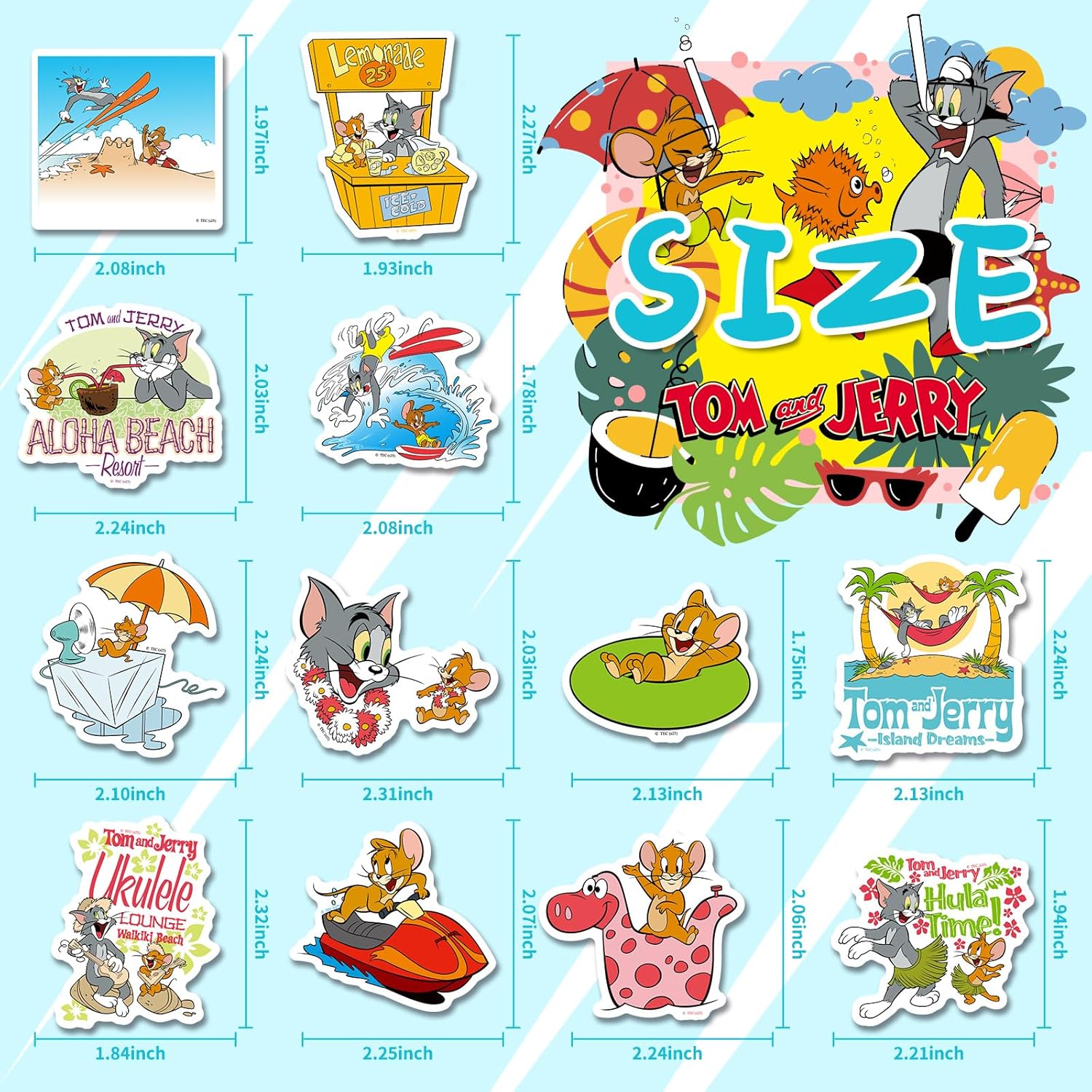 Tom and Jerry Stickers Pack – 50PCS Waterproof Vinyl Stickers for Laptop, Hydro Flask, Skateboard, Suitcase, Car – Island Dreams Beach Theme Cartoon Decals for Travel Lovers & Fans