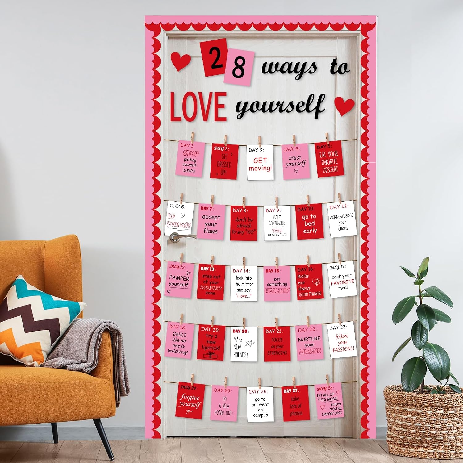 Valentine's Day Classroom Bulletin Board Decoration Set Red Pink Love Heart Paper Cutouts 28 Ways to Love Yourself Bulletin Board for Valentine Classroom Door Wall School Home Decor