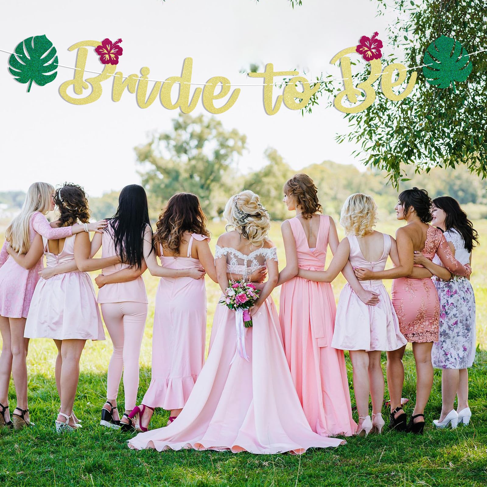 Tropisches 'Bride To Be' Banner – Palmenblätter, Gold-Glitzer – Für Brautparty & Verlobung
