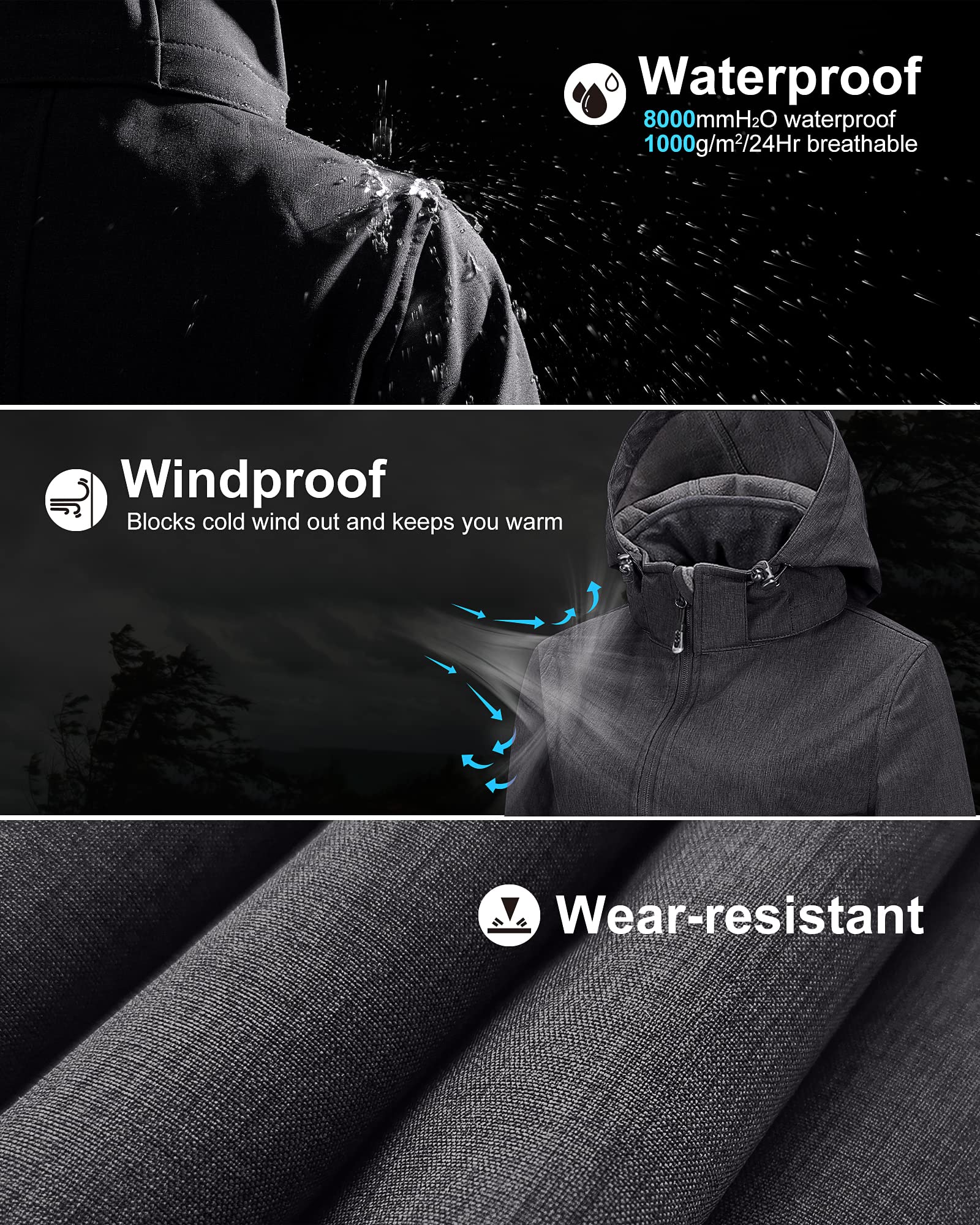 Giacca lunga da donna in softshell, con cappuccio, foderata in pile, antivento, impermeabile