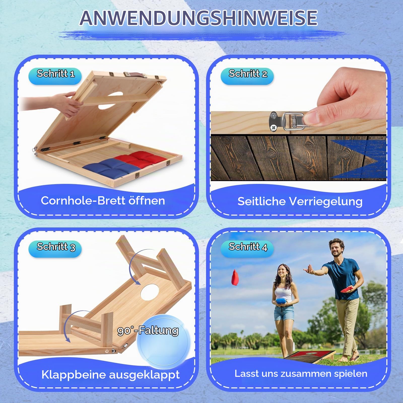 NZQXJXZ Cornhole Spiel Set aus Massivholz – 120 x 55 cm Faltbare Cornhole Bretter mit 8 Sitzsäcken und Einer Tragetasche, tragbare Sitzsack Wurfspiele, Corn Hole Spiele für Familie und Erwachsene