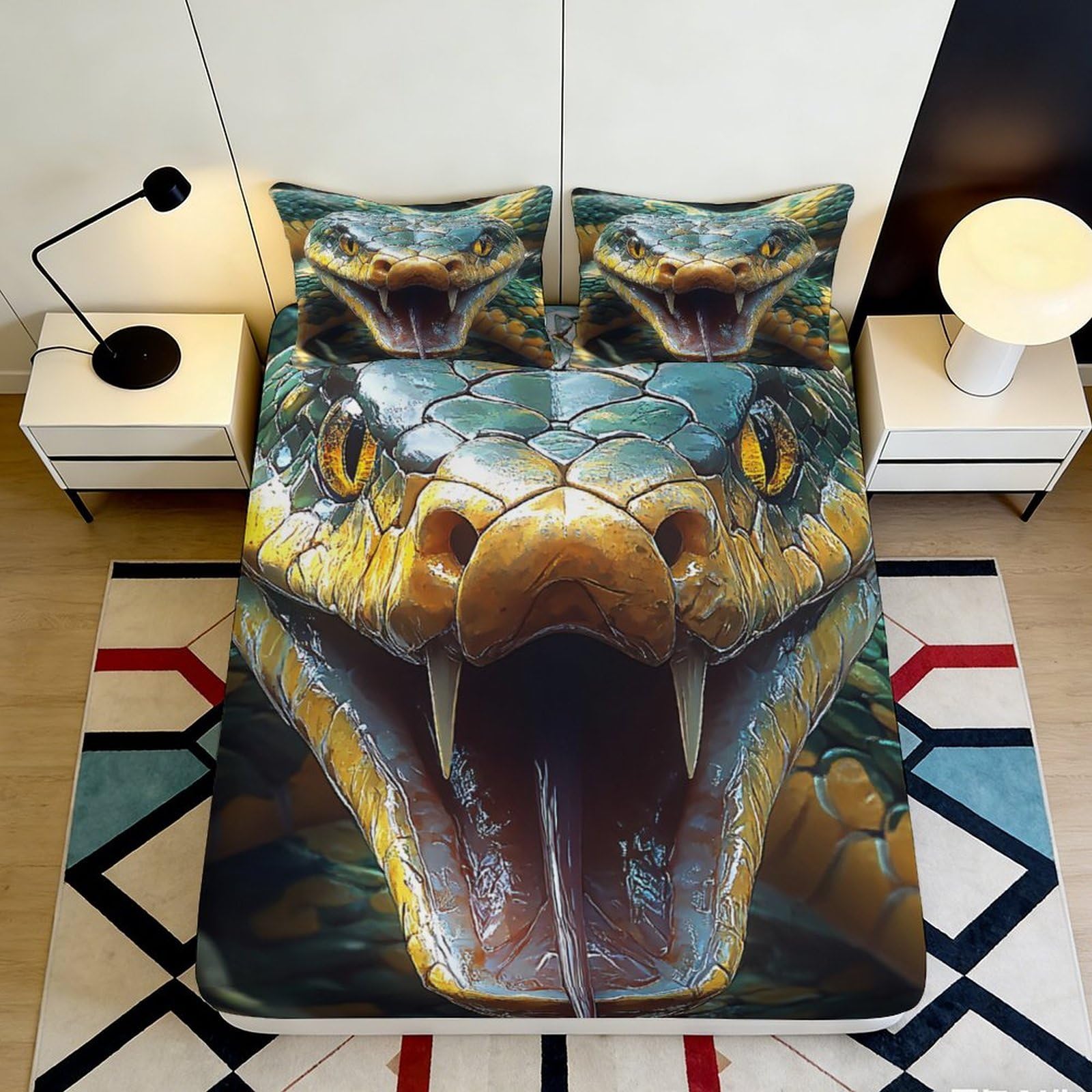 3D Printed Snake Head Fitted Sheet Microfiber Non-Slip Jungle Animal Mattress Cover Bedroom Dorm Decor 140x200x25cm