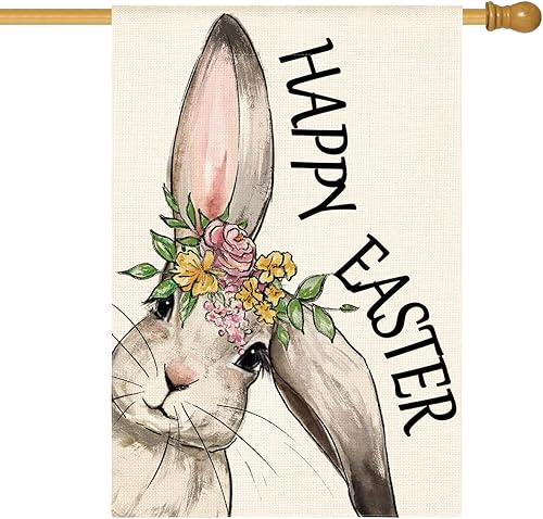 AVOIN colorlife Bandera de casa de conejo de Pascua de 28 x 40 pulgadas, doble cara exterior, decoración de patio de flores de conejo, color blanco