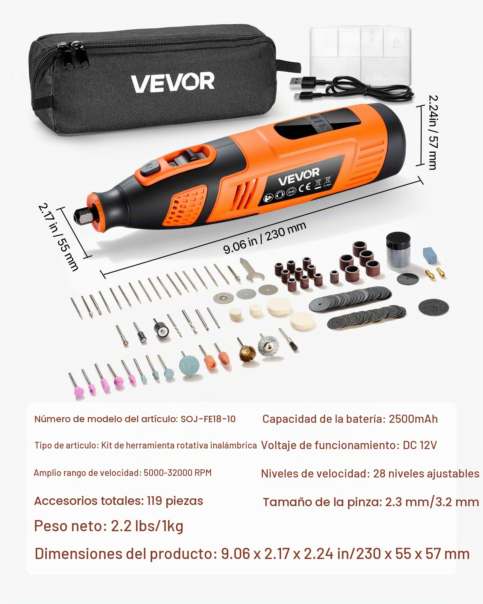VEVOR Kit de Herramientas Rotativas Inalámbricas, 119 Piezas, Portátil, de 12 V CC, 28 Velocidades, 5000-32 000 RPM, para Grabar, Lijar, Pulir, Tallar, Cortar y Manualidades, 230 x 55 x 57 mm