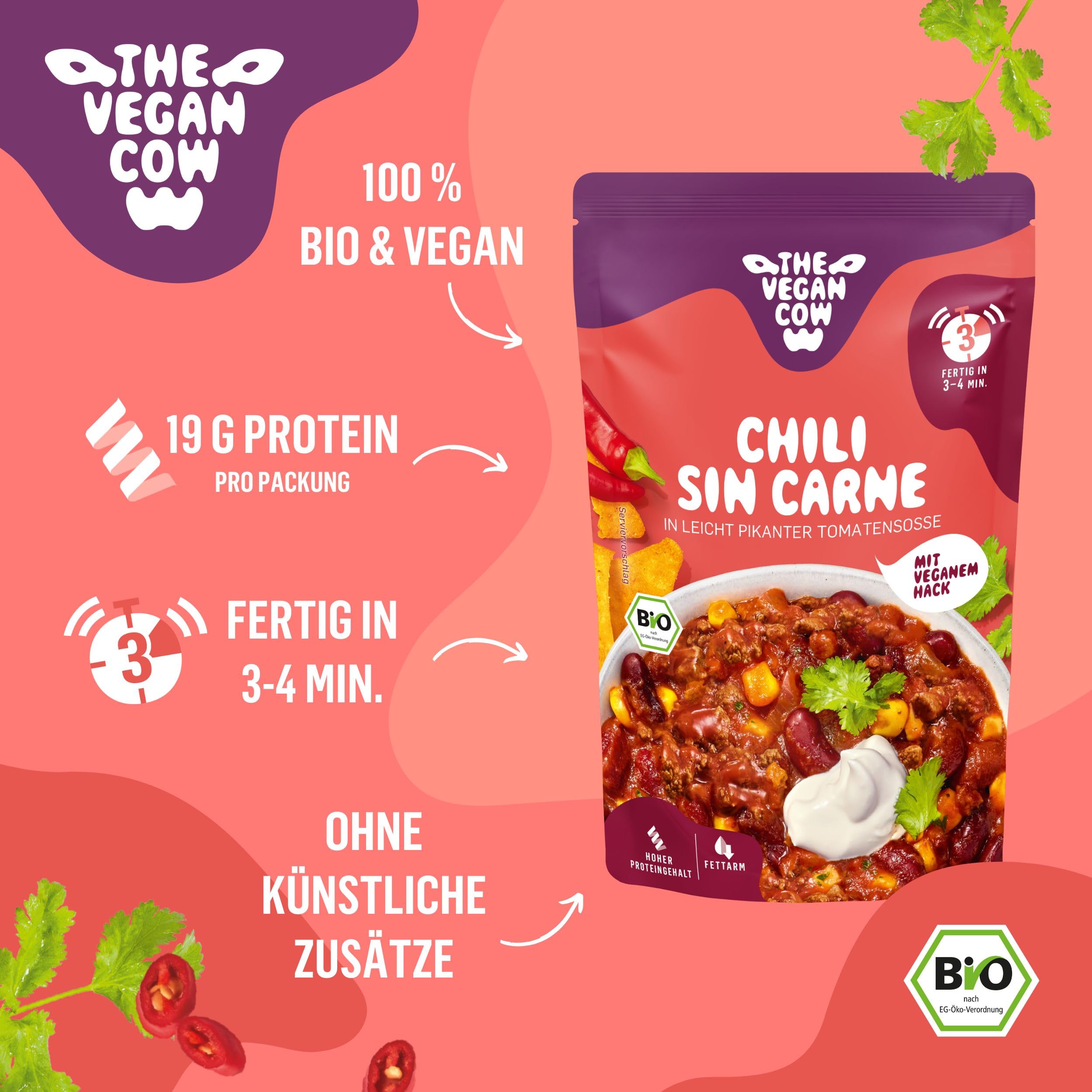 THE VEGAN COW Chili sin Carne Bio-Fertiggericht mit veganem Hack 9x320g proteinreich herzhaft würzig 100% pflanzlich