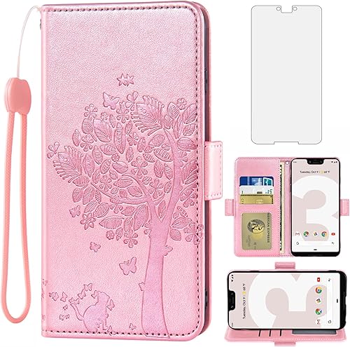 Asuwish Compatible con Google Pixel 3 XL - Funda tipo cartera y protector de pantalla de vidrio templado, correa de muñeca abatible, soporte para
