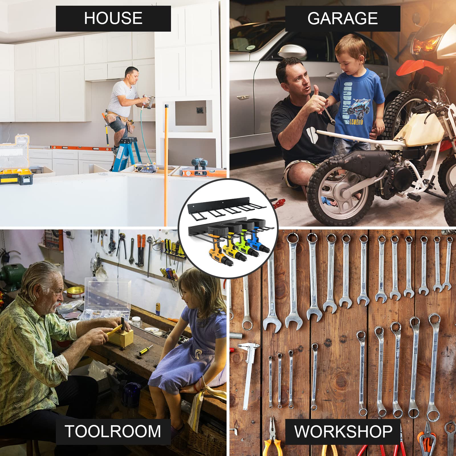 Lot de 2 organiseurs d'outils électriques | Support mural de rangement pour outils électriques et portatifs | Organisateurs d'outils et de rangement en métal pour garage, entrepôt, abri de jardin
