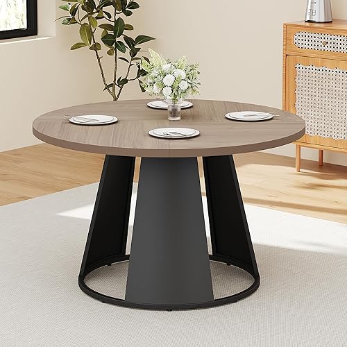 Miniatura 13 de Juego de mesa de comedor redonda de 47.2 pulgadas para 4 mesas de madera modernas con 4 sillas tapizadas de cuero, base de pedestal de metal, Mesa