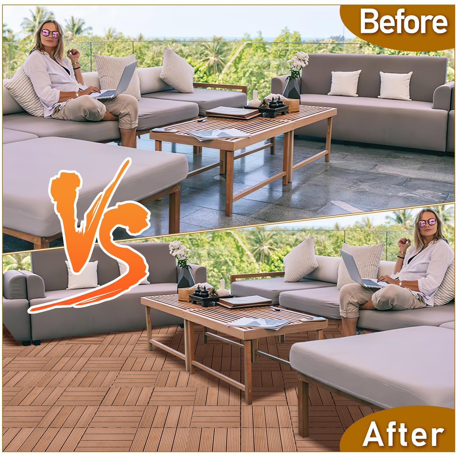 WPC Lot de 110 dalles de terrasse à clipser - 30 x 30 cm - Aspect bois - Avec drainage - Revêtement de sol résistant aux intempéries - Pour balcon, terrasse et jardin - Marron