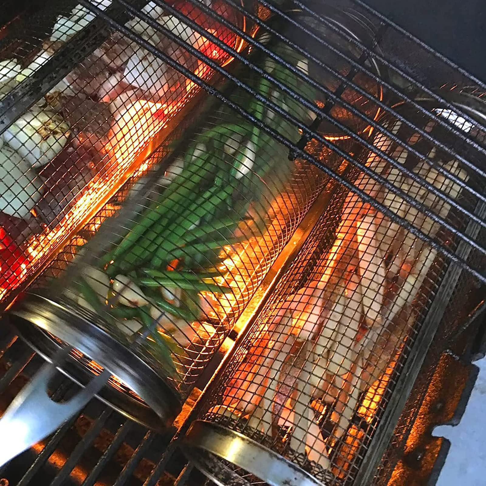 BATLAM Cestello per griglia Rotante, Cestello per griglia per Barbecue in Acciaio Inossidabile Girarrosto per Pesce, Cestello per griglia per Pesce Verdure Bistecca Tritatutto per gamberi-L (S)