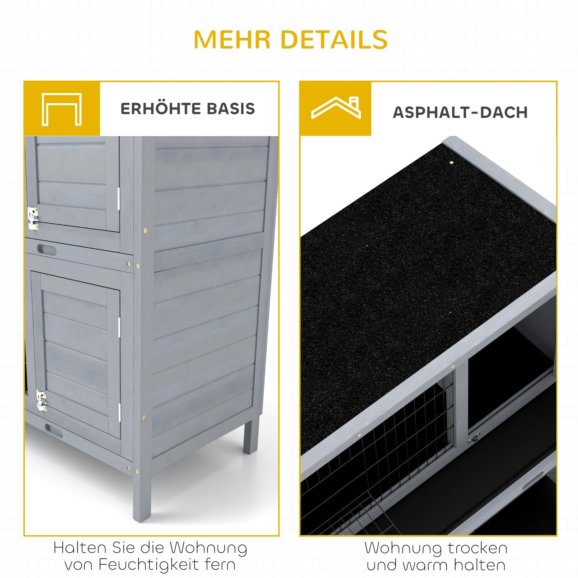 PawHut Clapier en bois à 2 étages Toit en asphalte Bac de fond 136,4 x 50 x 93 cm Résistant à l'hiver Clapier pour petits animaux avec portes Cage à lapins pour petits animaux Lapins Intérieur