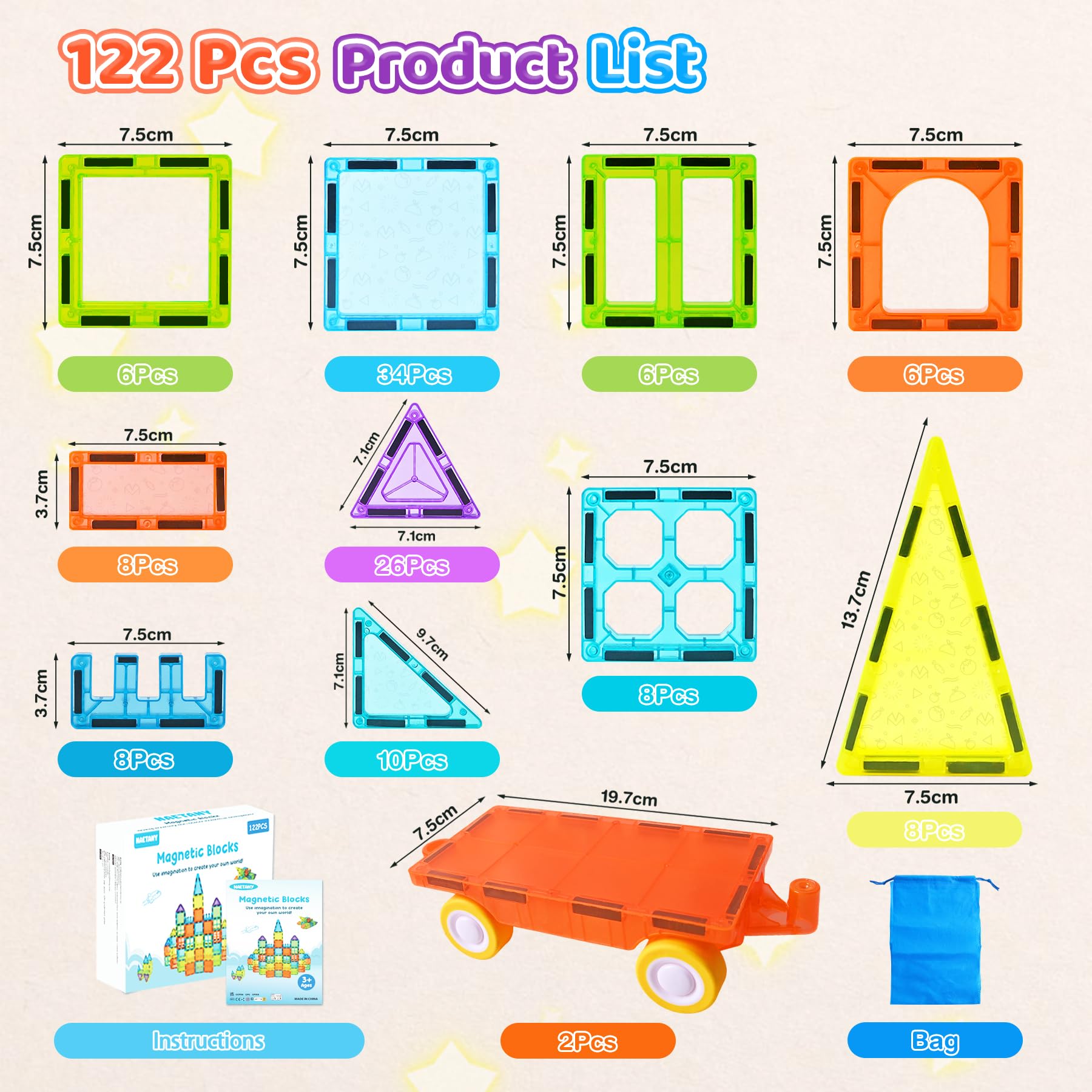 Construction Magnetique Enfant 122 Pièces, Blocs Construction Magnétiques