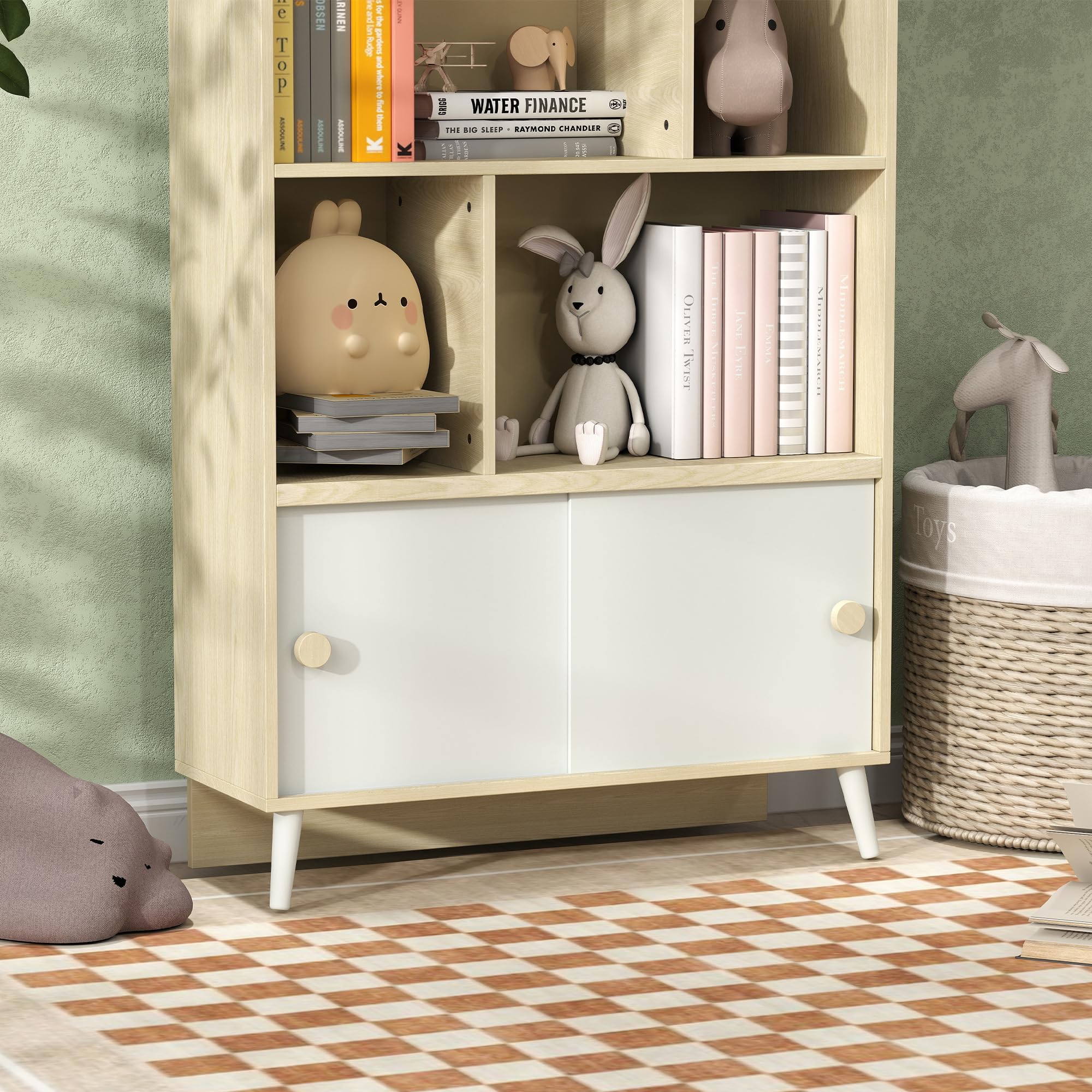 AIYAPLAY Estantería Infantil de Madera 80x30x140,5 cm Blanco y Natural | 4 Compartimentos, Librería Infantil, Estantes Abiertos, Armario, para Habitación Niños, Sala Juegos