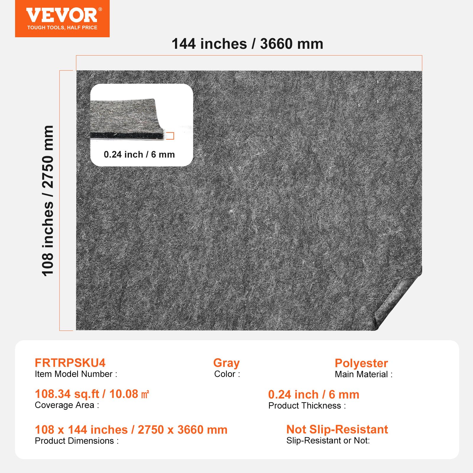 VEVOR Cojín para Alfombra Cojín Protector de Suelo, 275 x 366 cm 6 mm de Espesor, Fieltro de Poliéster, Gris, Área de Cobertura de 10-11 ㎡ Protección del Suelo Cómodo para Dormitorio, Sala de Estar