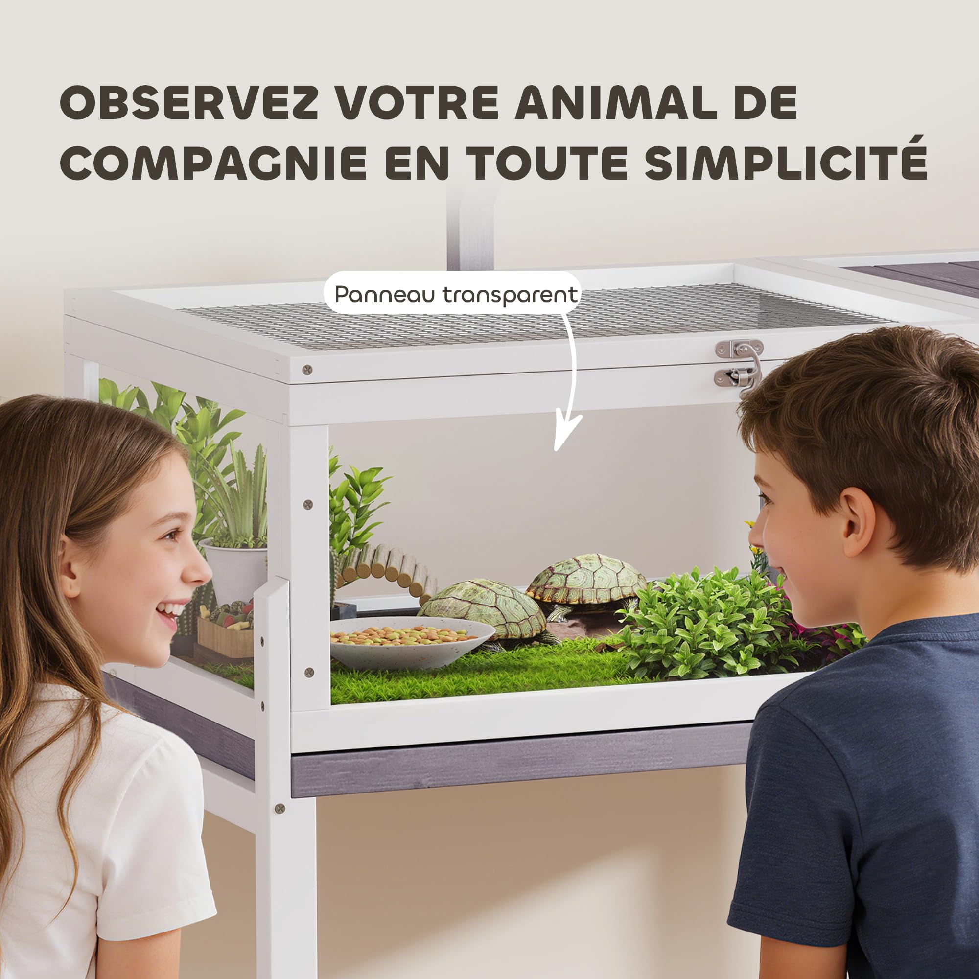 PawHut Maison pour Tortues, enclos en Bois surélevé intérieur extérieur, 2 espaces, Support de Lampe, Toit ouvrable, Plateau Coulissant et Bol d'alimentation, pour Petits Reptiles, 104x53x82cm, Gris