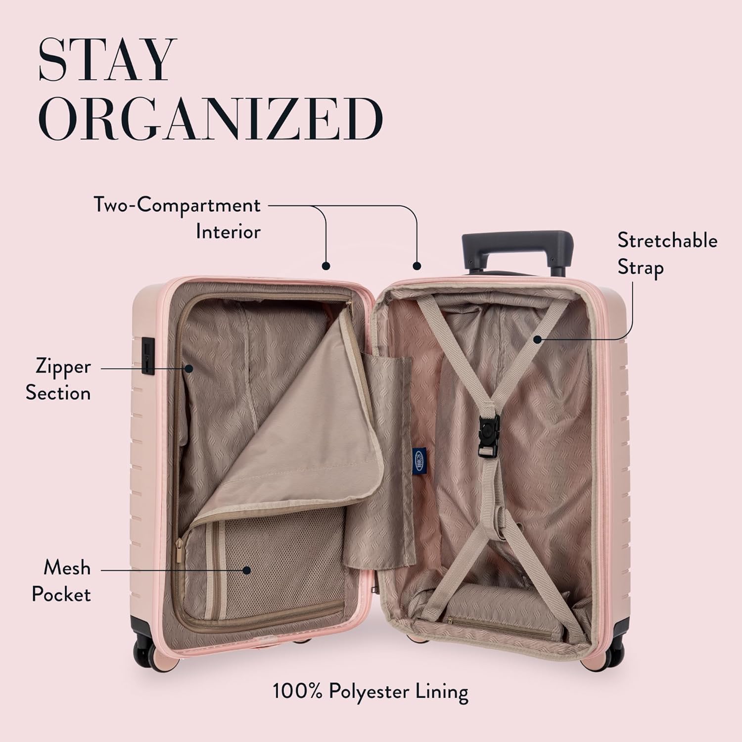 Bric's B|Y Ulisse Carry-On Spinner – Lightweight Hard Shell Luggage, Smooth 360° Double Wheels, TSA Combination Lock, USB Port & Interior Organization - 21 Inch with Pocket, Pearl Pink - Image 3