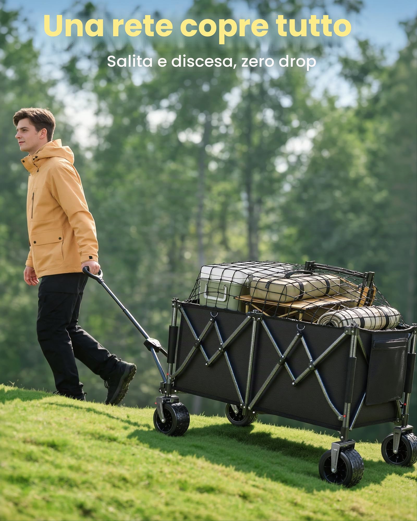 YEAUPE PRO Carrello Spiaggia Pieghevole XXXL – Doppi freni, doppia forcella rinforzata, ruote grandi, manico regolabile, rete elastica inclusa, carrello con ruote portatutto – 250kg/260L, Nero Carbone