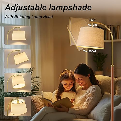 Miniatura 4 de Lámpara de pie de madera de 62.5 pulgadas para sala de estar, dorada con interruptor de pie, lámparas altas de pie de arco para dormitorio, lámparas