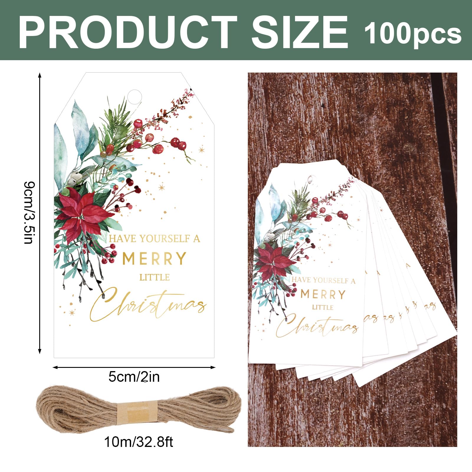 Whaline 100 Stück Weihnachtspapier-Geschenkanhänger mit Hanfseil, Weihnachtsstern, Papieranhänger, Goldfolie, Frohe Weihnachten, hängende Etiketten, vorgestanzt mit Löchern für Weihnachten, Winter,