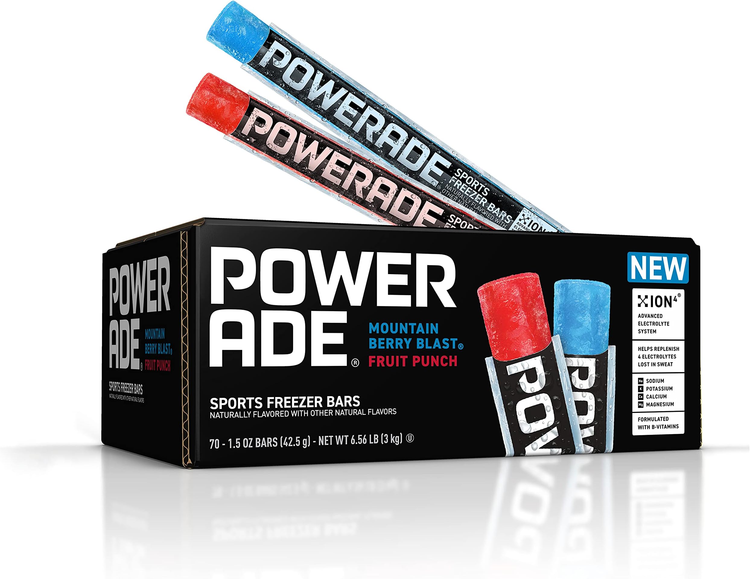 POWERADE Sports Freezer Bars, 1.5 oz, Refreshing Ice Pops with Electrolytes B Vitamins, Naturally Flavored with Other Natural Flavors, Mountain Berry Blast and Fruit Punch, 70 Count